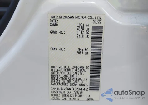 2022 Nissan Altima Sr Fwd из США, поврежденный, VIN 1N4BL4CV6NN339442